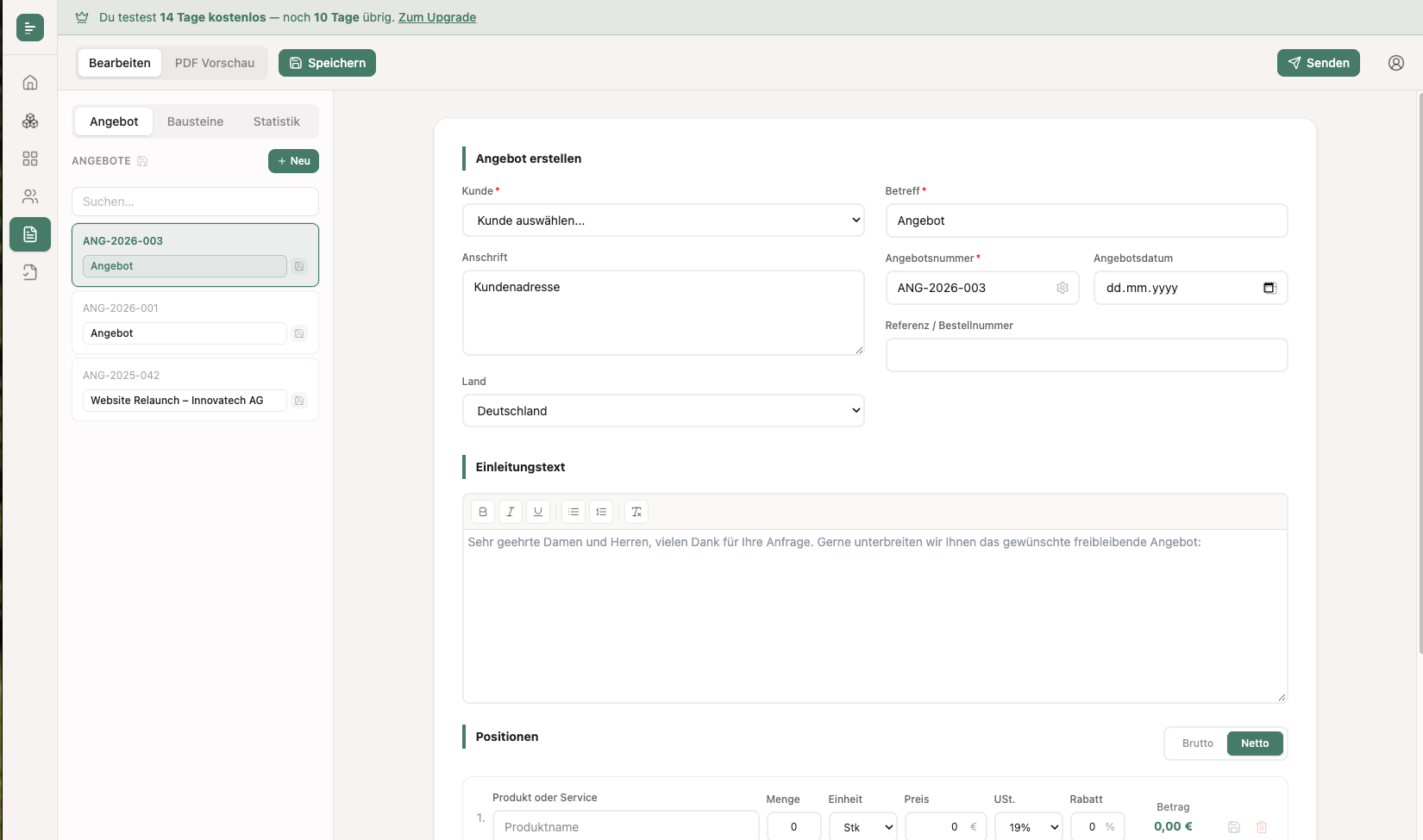 Angebote erstellen – Produktvorschau