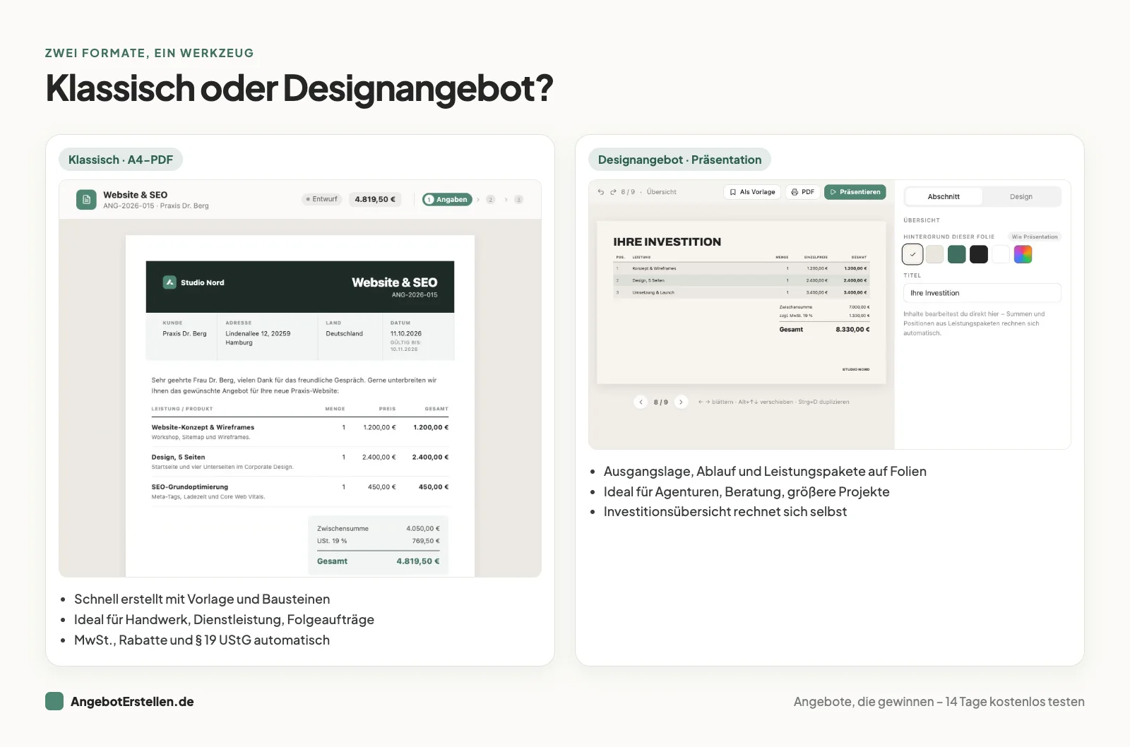 Vergleich: klassisches A4-Angebot als PDF und Designangebot als Präsentation in AngebotErstellen.de